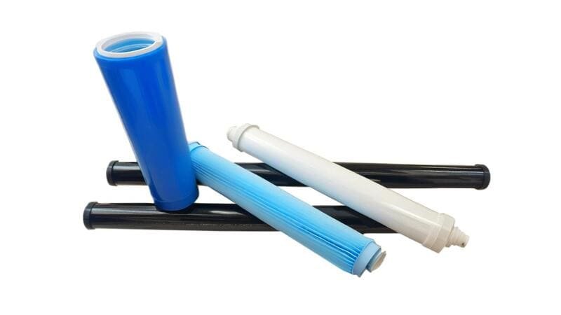 Two white plastic rectangular tubes on a red background, one standing upright and the other lying horizontally