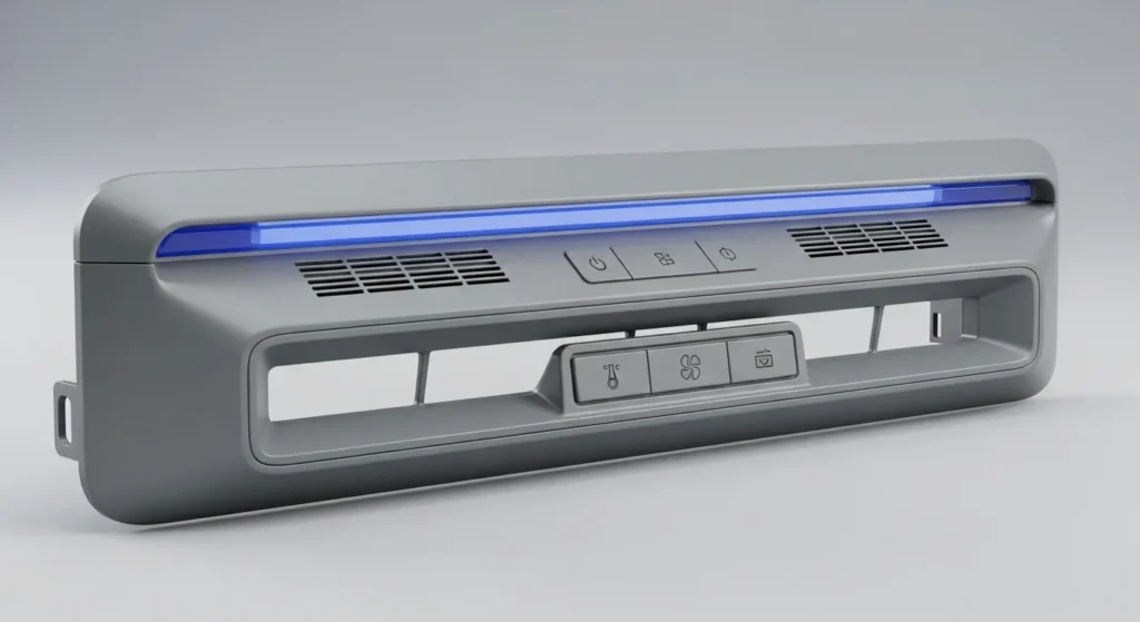 A grey control panel with a blue LED light strip, featuring buttons for power, temperature, fan speed, and settings.