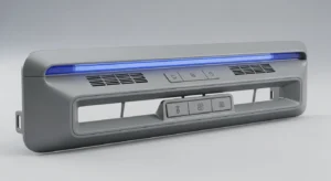 A grey control panel with a blue LED light strip, featuring buttons for power, temperature, fan speed, and settings.