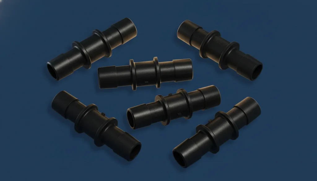 Six black plastic HVAC connectors evenly arranged on a blue background, highlighting their precision-engineered design.