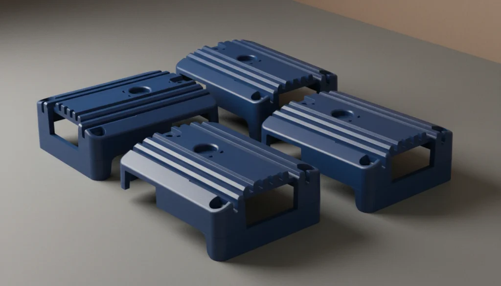 Two blue plastic HVAC components featuring yellow gear-like fittings on a white background, showcasing precision-engineering design.