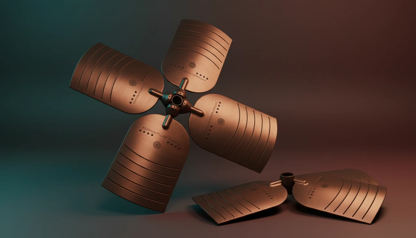 Brown metal fan blades for HVAC systems showing blade design detail