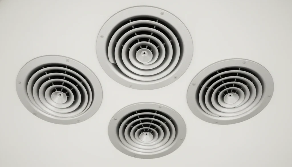 Four circular ceiling vent grilles with spiral design, used in HVAC systems for air distribution.