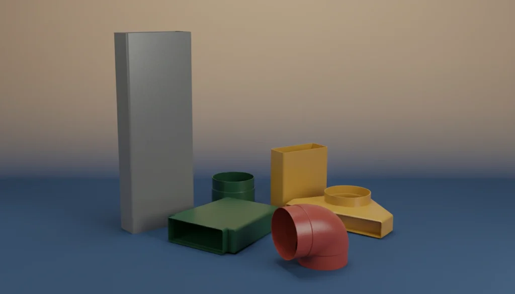 Various colored HVAC duct components including rectangular and cylindrical shapes on a gradient background.