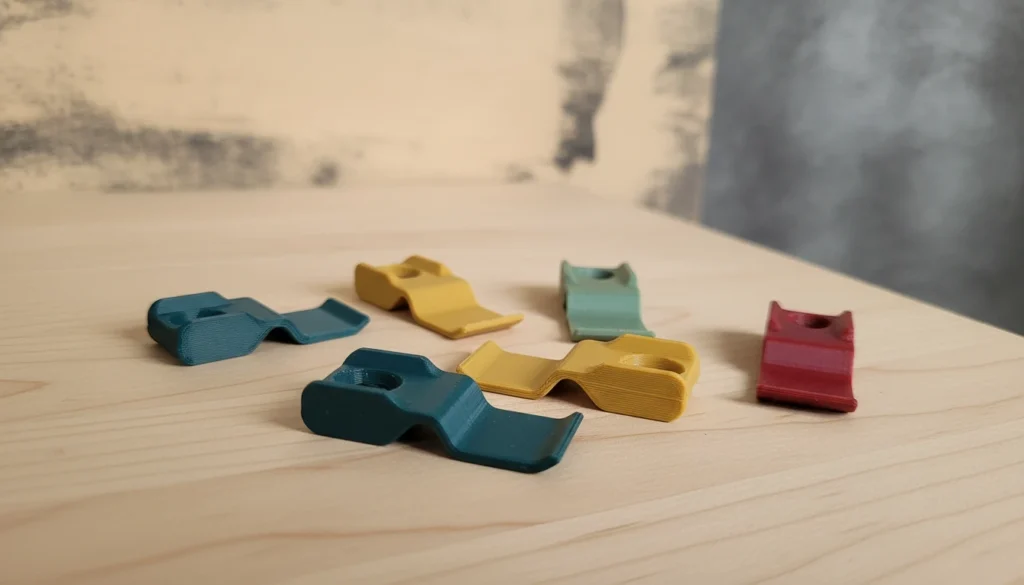 Five colorful plastic components in red, yellow, and teal arranged on a light wooden surface.