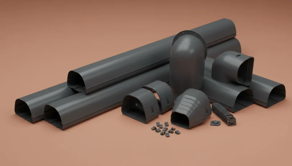 Collection of gray plastic HVAC components including ducts, elbows, and connectors arranged on a neutral background.