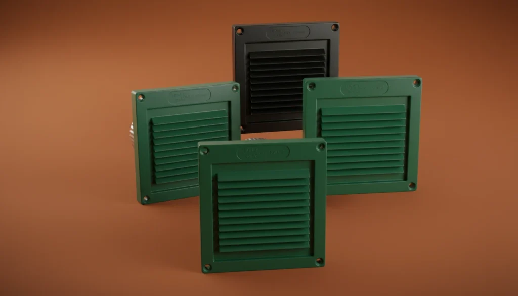 Four rectangular vent covers, three green and one black, displayed on a brown background.