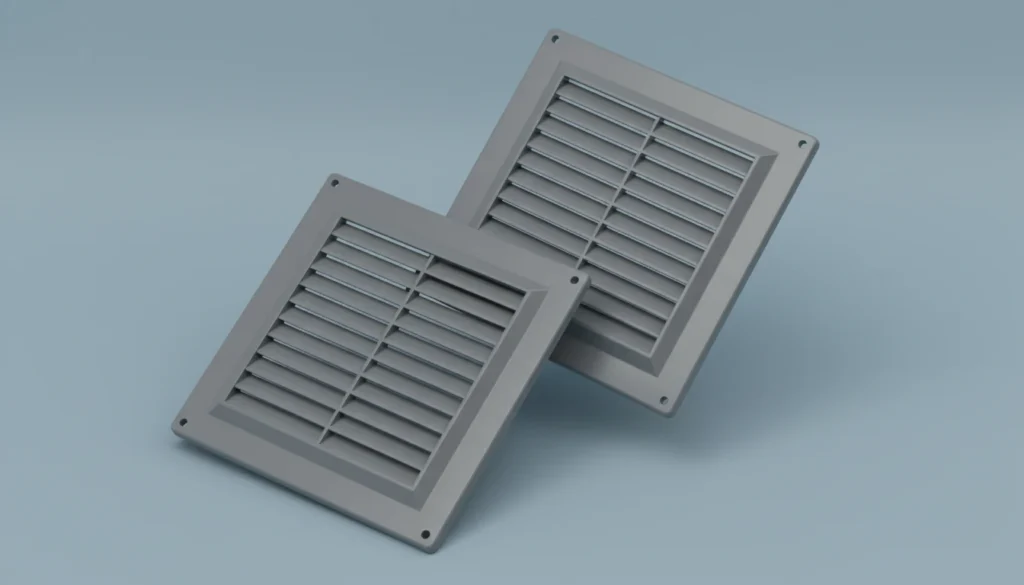 Two grey vent covers placed on a light blue background, used for HVAC systems.