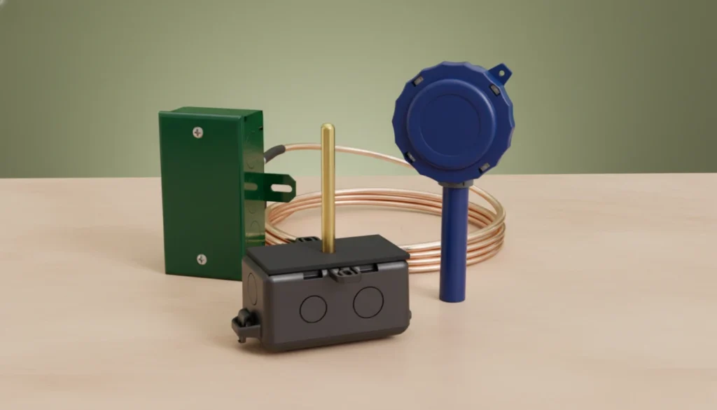 HVAC components including a green control box, black switch box, copper coil, and a blue round component on a beige surface.