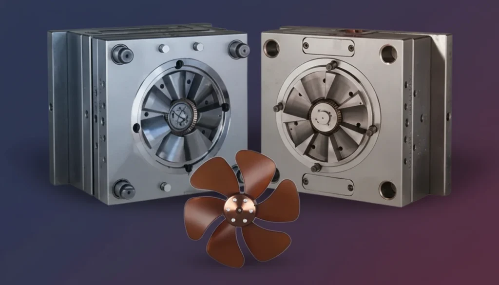 Metal molding tools for HVAC fan blades with a finished brown fan blade in front, illustrating precision-engineered manufacturing parts.