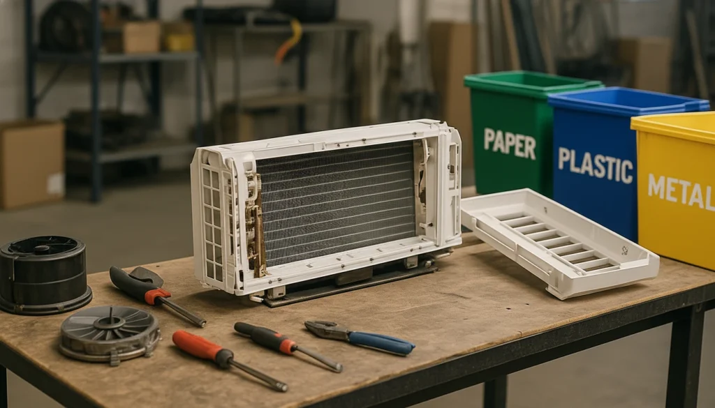 HVAC component on a workbench with various tools and recycling bins in the background, illustrating repair process.