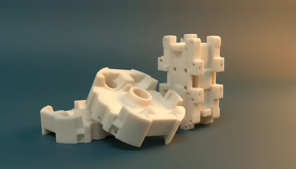 Close-up of intricate 3D printed plastic components, showcasing precise engineering suitable for HVAC systems.
