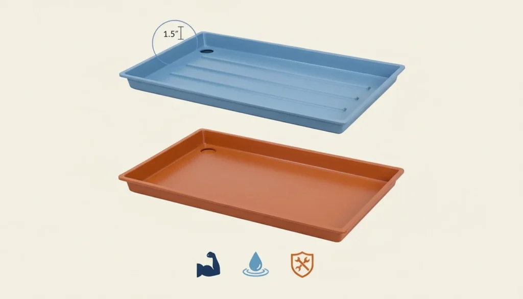 Two plastic drip trays, one orange and one blue, with a 1.5-inch depth indication and icons symbolizing strength, water resistance, and durability.