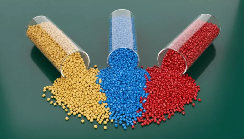 Three tubes spilling multicolor plastic pellets: yellow, blue, and red on a green background, showcasing diversity in materials.