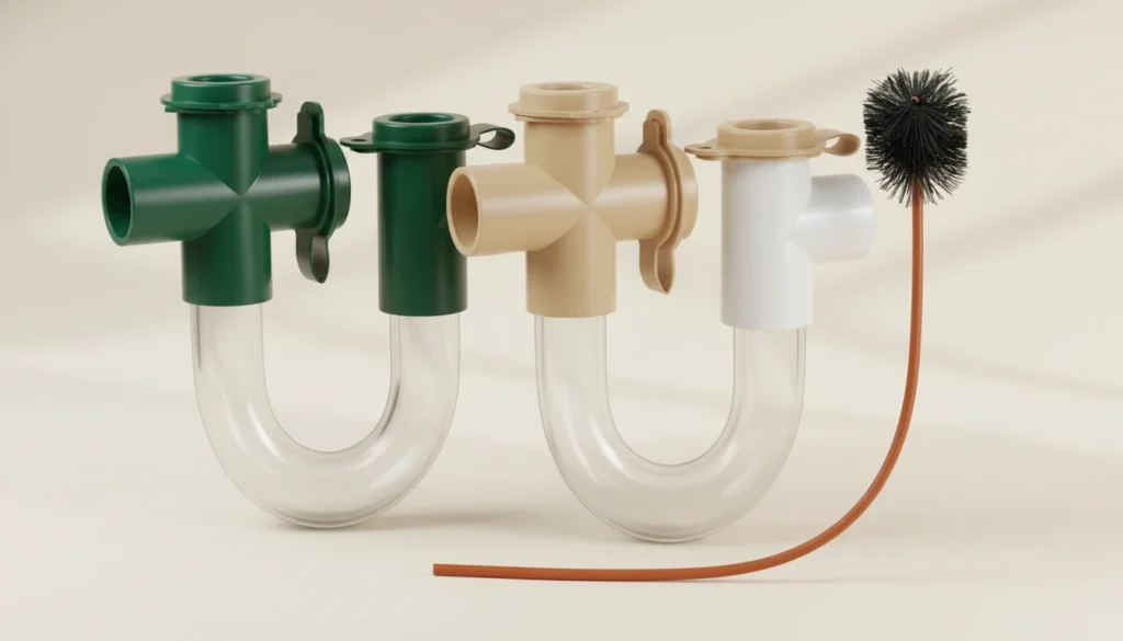 Three plastic pipe components in green, beige, and white with clear U-bend tubes, accompanied by a black cleaning brush on a beige background.