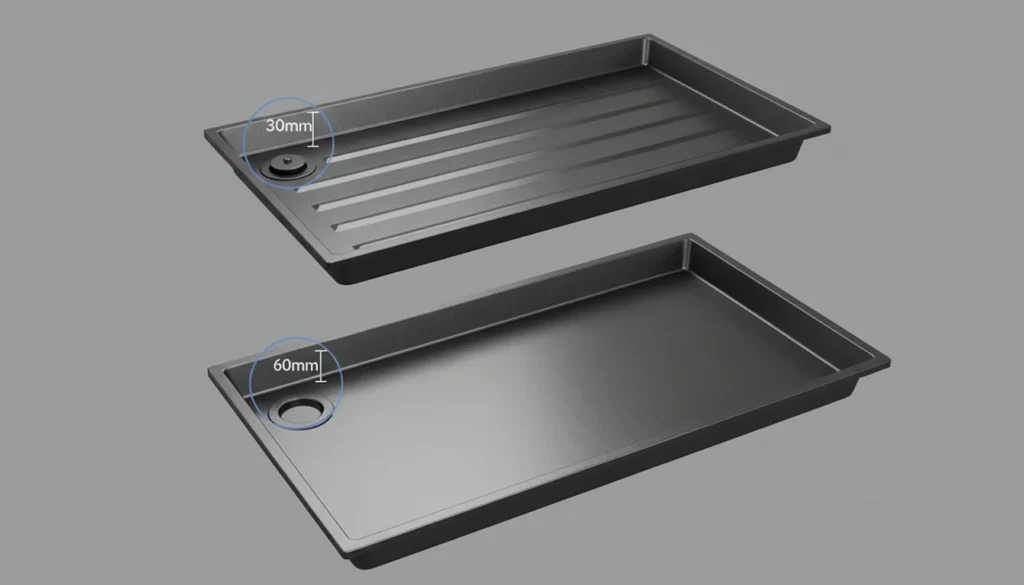 Two black plastic trays, each with a drainage hole, compared by depth; one is 30mm deep and the other 60mm deep.