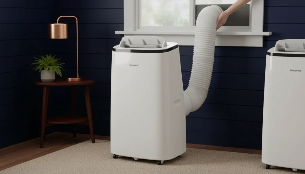 Portable air conditioner with flexible exhaust hose installed in a window, next to a side table with a lamp and plant in a stylish room.