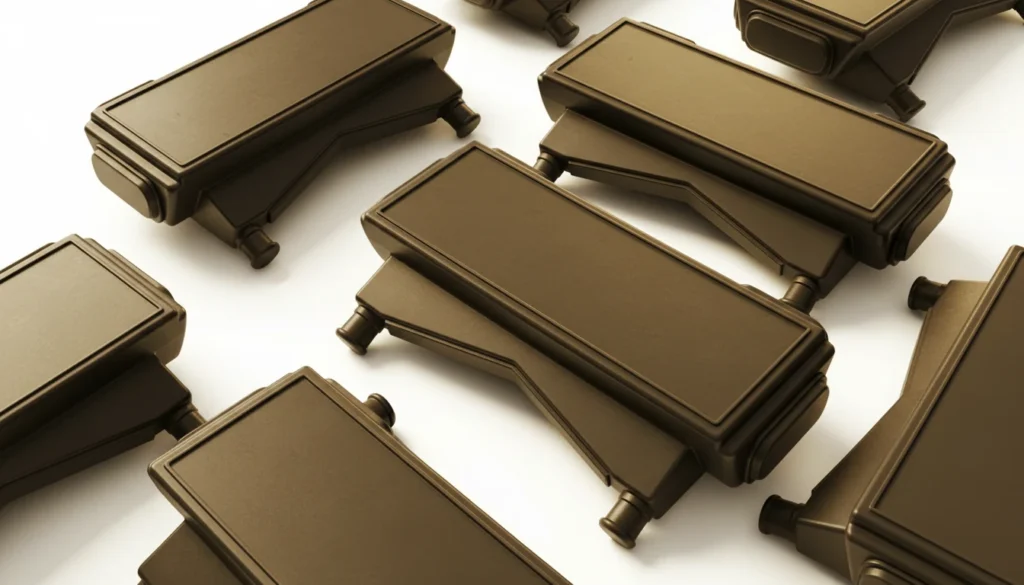 Several precision-engineered HVAC components arranged uniformly, showcasing durable design and metallic finish.
