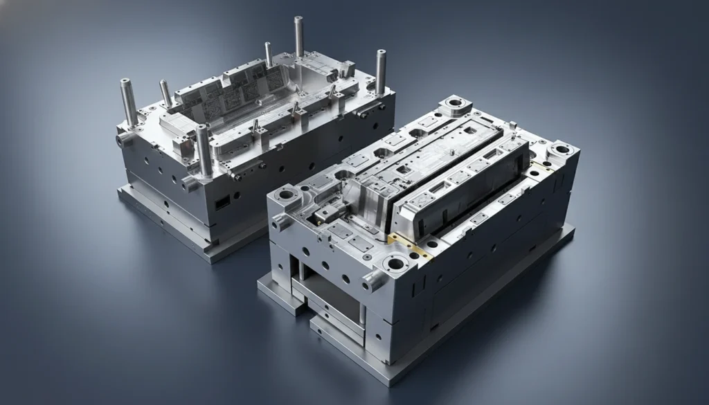 Two precision-engineered metal injection molds for HVAC components, showcasing detailed craftsmanship on a grey surface.