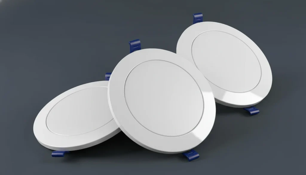 Three round white HVAC components with blue mounting clips on a dark surface.