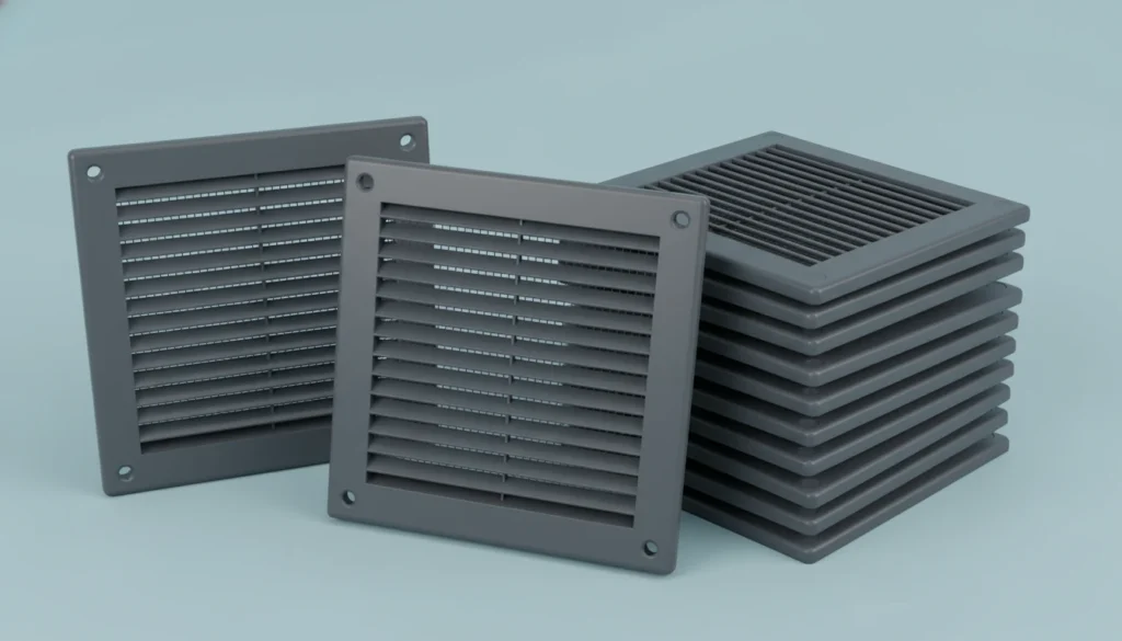 Stack of gray plastic vent covers for HVAC systems, showing their vented design and mounting holes, on a light blue background.