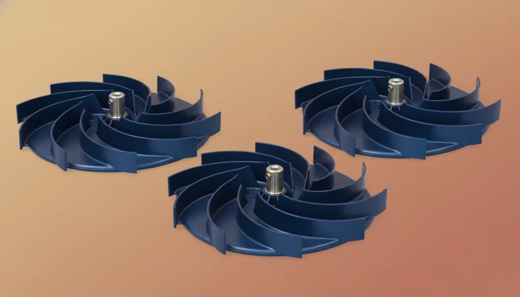 Three blue plastic HVAC fan blades with central metal hubs displayed on a warm gradient background, showing precision design.