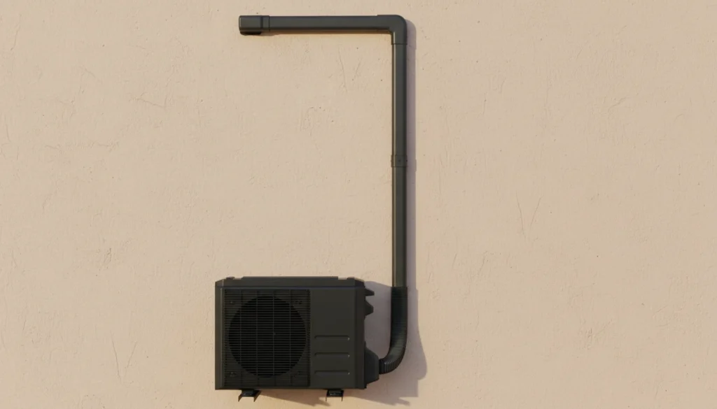 Wall-mounted HVAC unit with an exposed duct system against a beige wall, showcasing modern heating and cooling design.