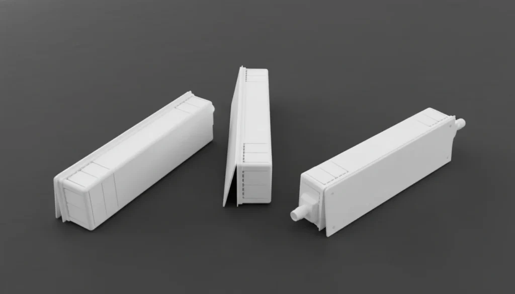 Three white plastic HVAC duct components arranged on a gray surface, illustrating the design and structure from different angles.