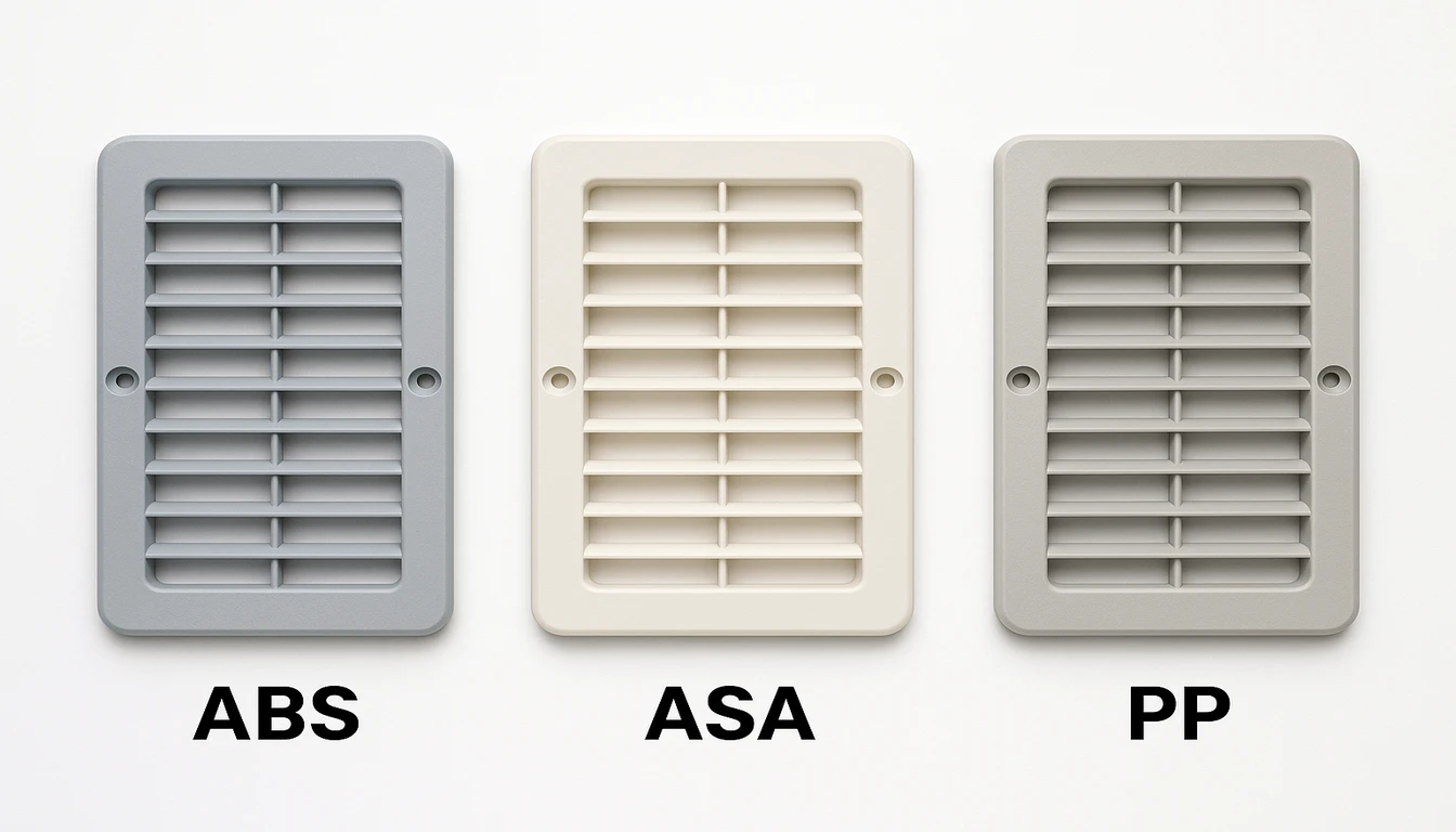 ABS ASA and PP plastic material comparison specimens for HVAC component applications showing surface quality and color consistency ABS ASA and PP plastic material comparison specimens for HVAC component applications showing surface quality and color consistency