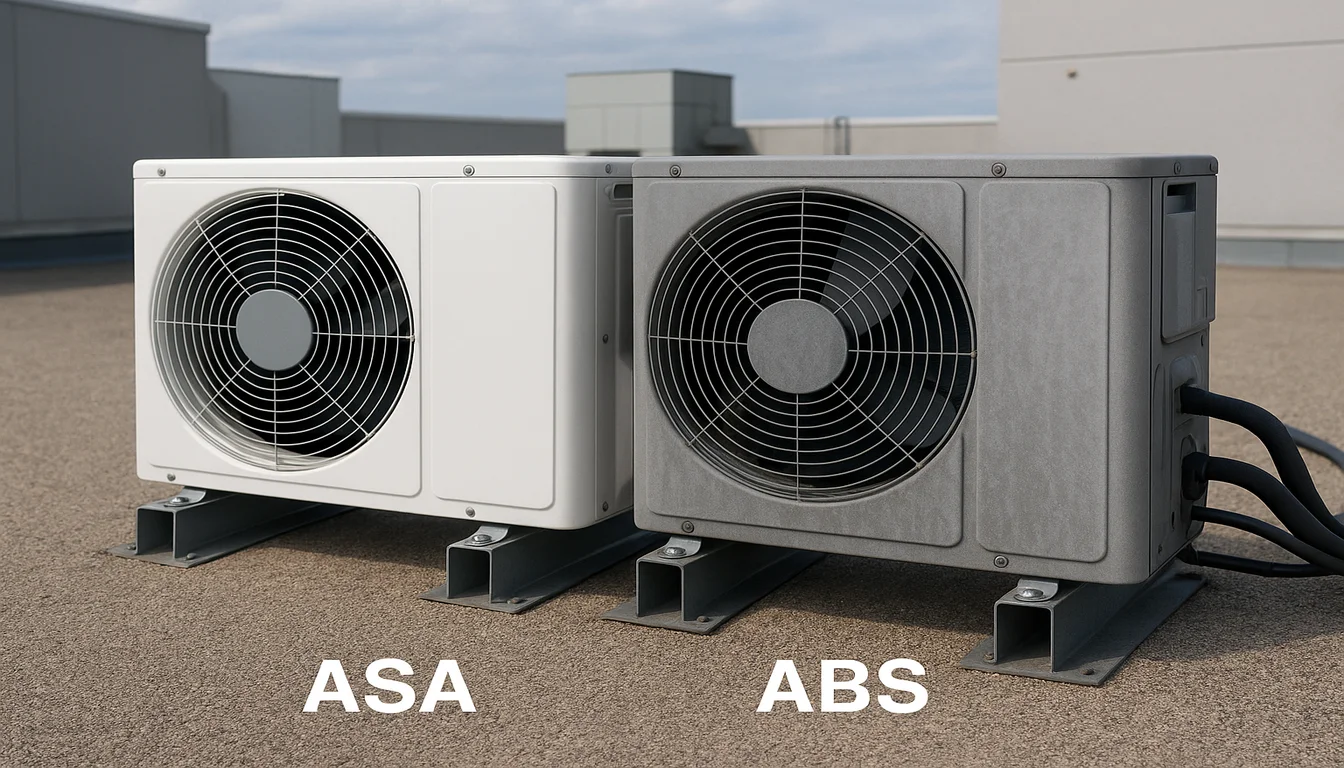 ASA versus ABS outdoor HVAC unit UV weathering comparison showing rooftop condenser housing plastic material performance after outdoor exposure ASA versus ABS outdoor HVAC unit UV weathering comparison showing rooftop condenser housing plastic material performance after outdoor exposure