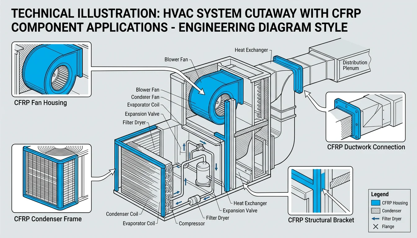 HVAC system cutaway showing CFRP component locations including fan housing, brackets, and condenser frame
