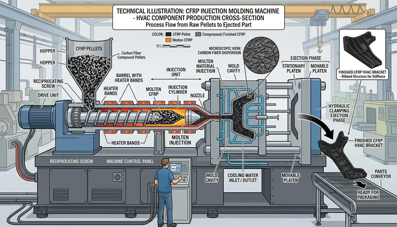 Industrial injection molding machine producing CFRP HVAC brackets from carbon fiber compounds