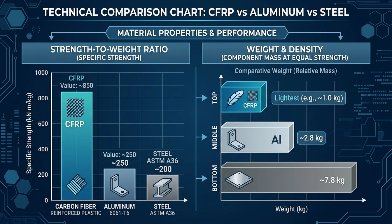 Bar chart comparing CFRP, aluminum, and steel strength-to-weight ratio for HVAC design