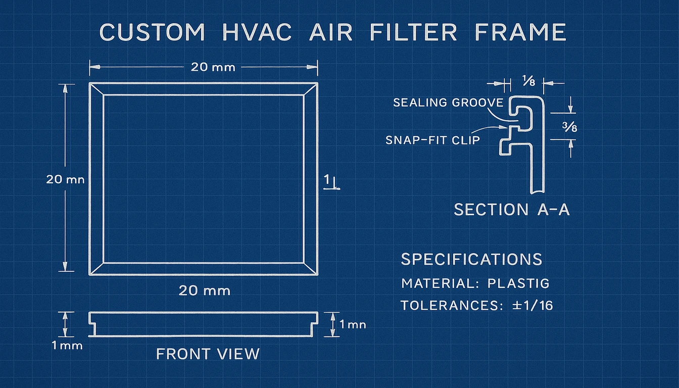 Engineering blueprint of custom HVAC filter frame with OEM specifications and dimensions
