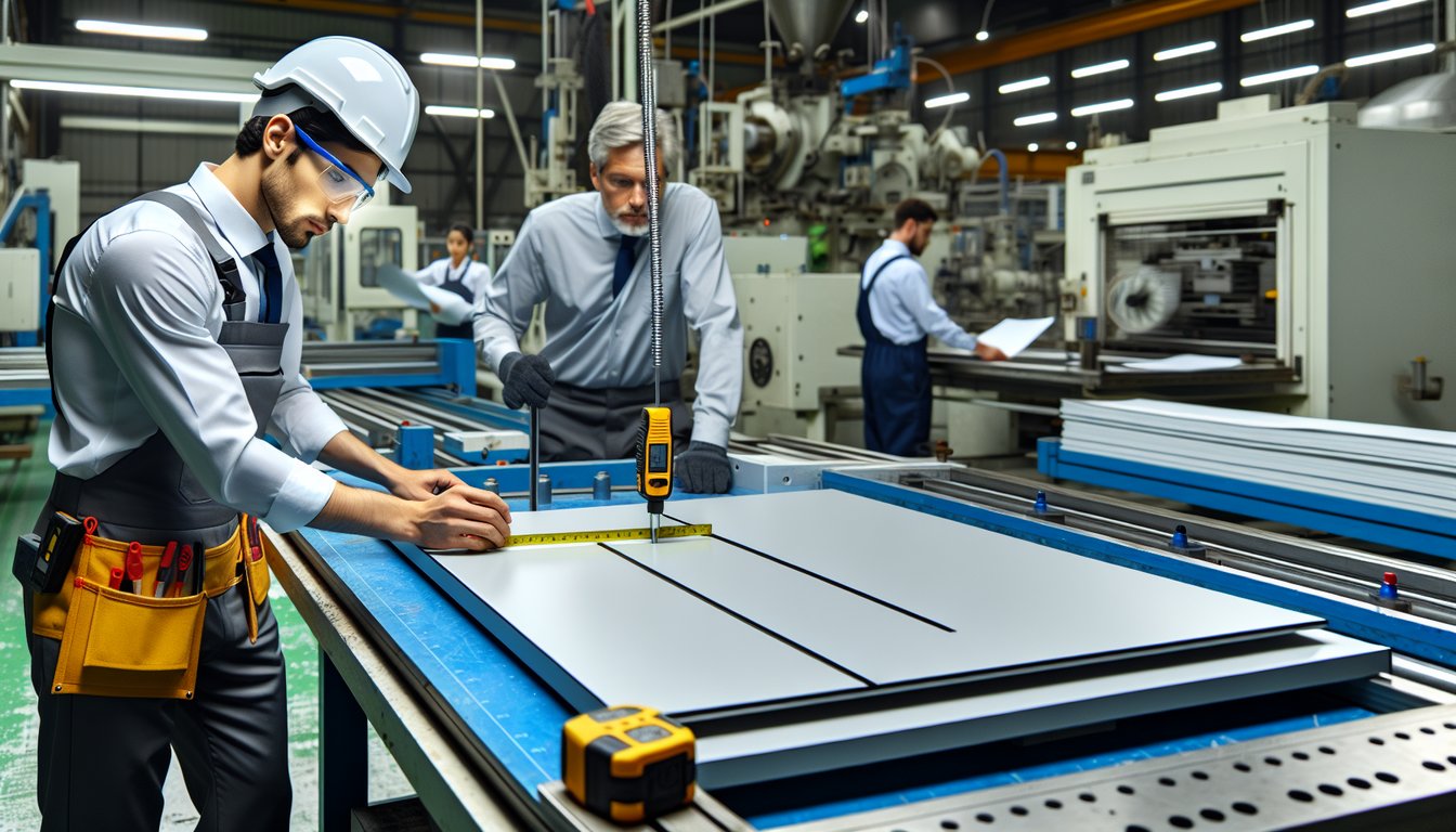 Quality control technician inspecting injection molded plastic HVAC panel for warpage defects