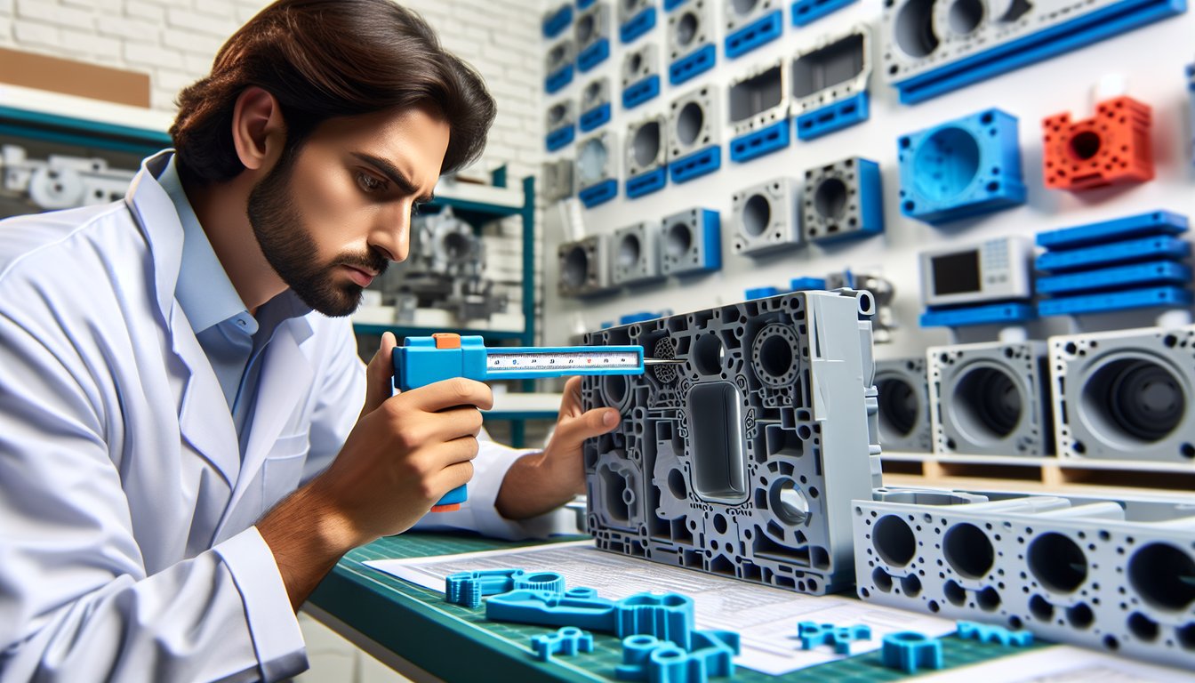 HVAC engineer testing injection molded mini split plastic components for dimensional accuracy in lab