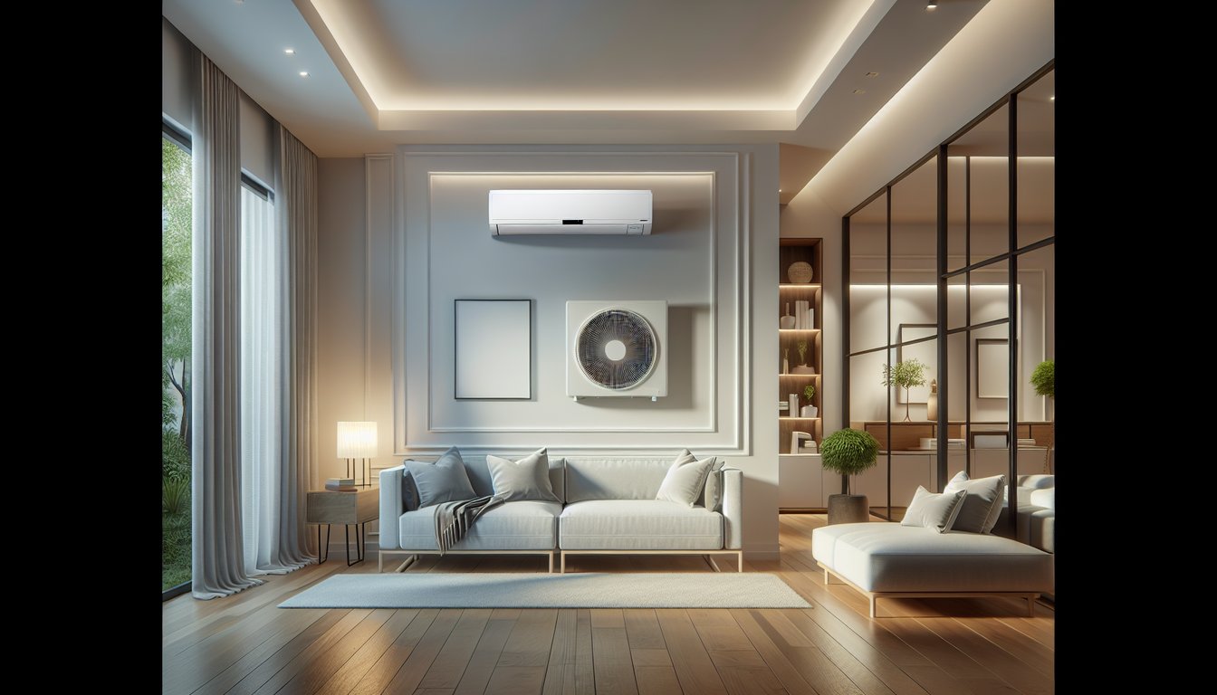 Modern room with ductless mini split white plastic indoor unit installed on wall, professional HVAC installation