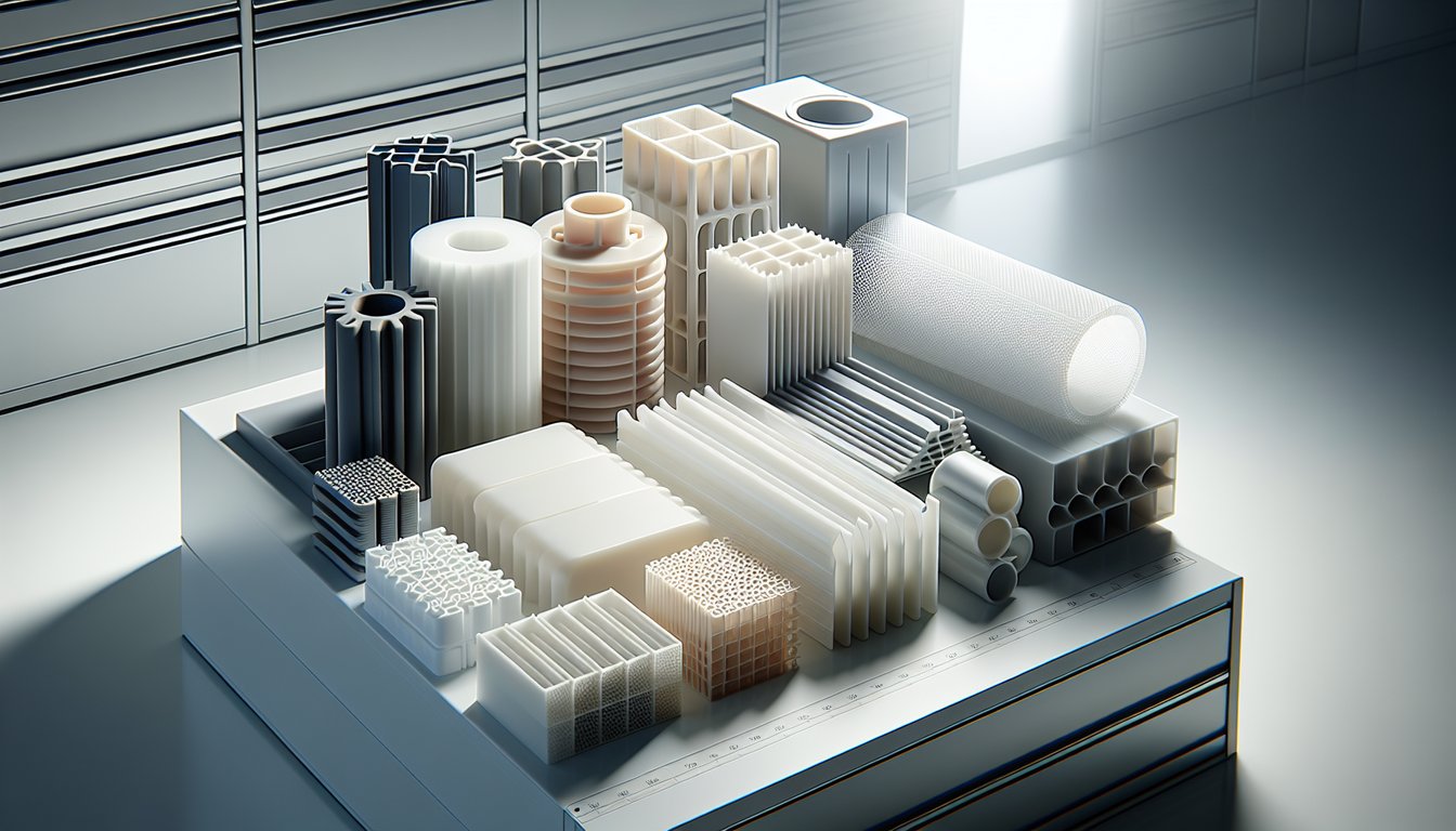 Engineering plastics material samples for HVAC manufacturing including nylon, polycarbonate, POM, and ABS