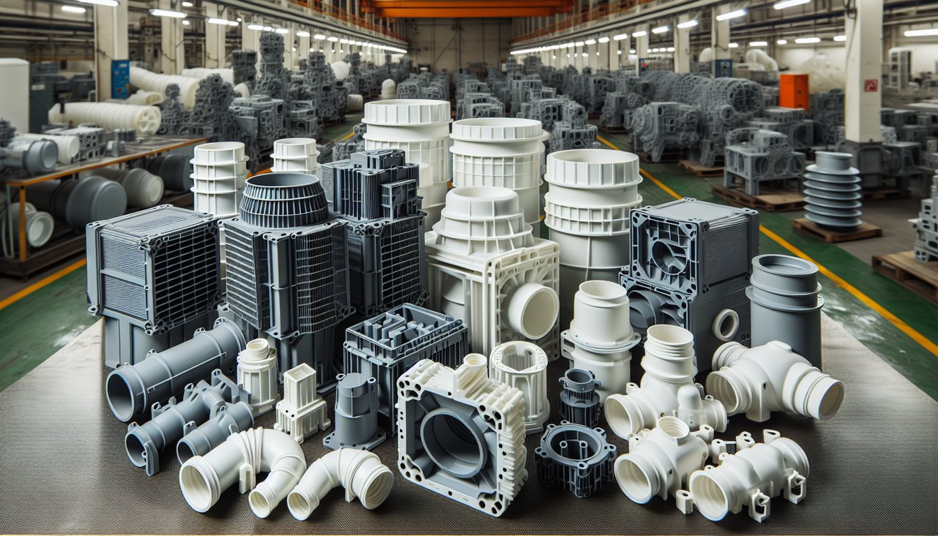 HVAC plastic components including fan housings, duct connectors, and brackets made from engineering plastics