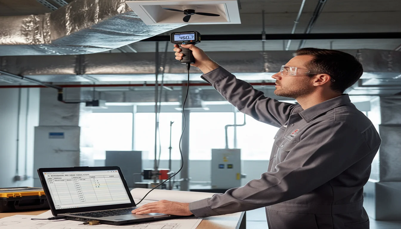 HVAC engineer calculating air changes per hour with measurement tools