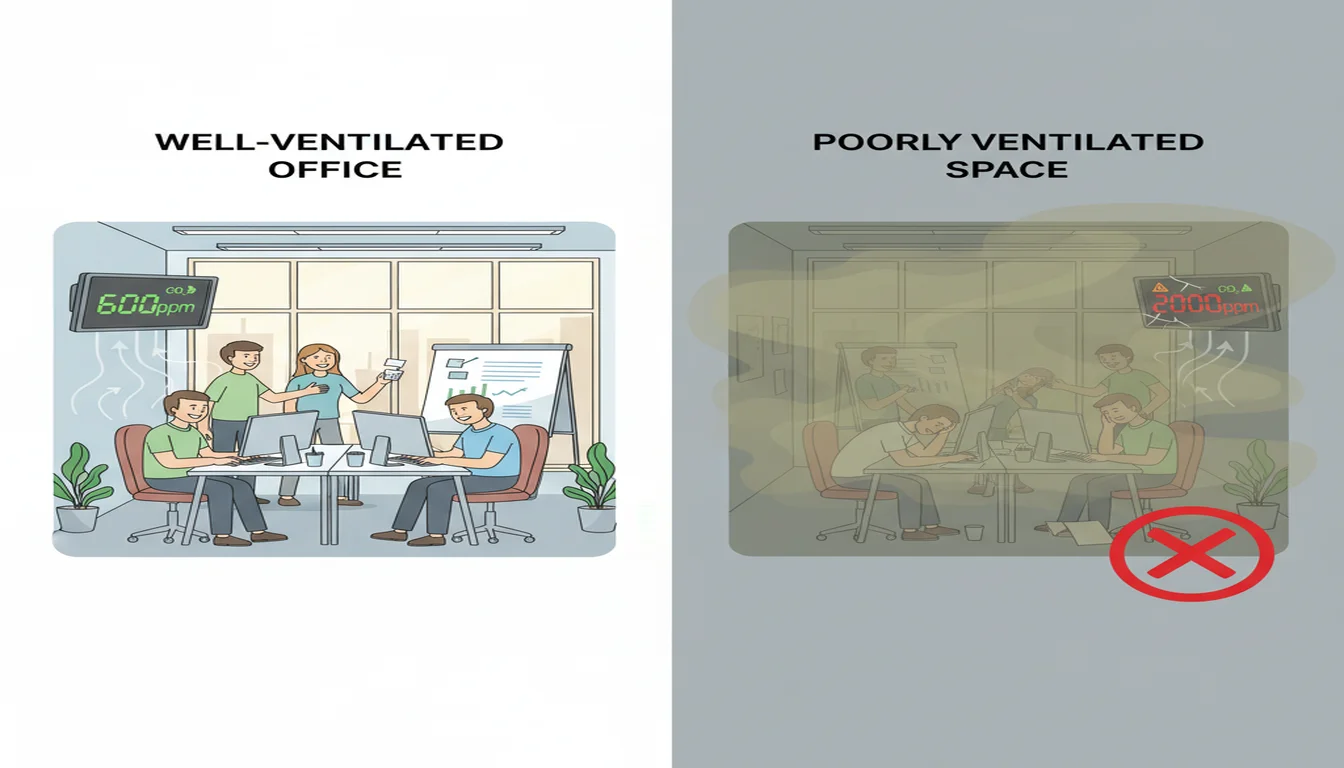 Comparison of well-ventilated versus poorly ventilated office spaces showing indoor air quality effects