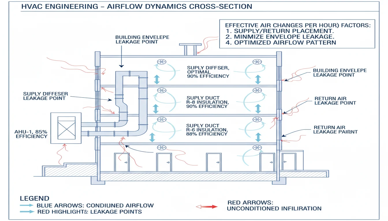 Technical cross-section diagram showing factors affecting effective air changes per hour in a building