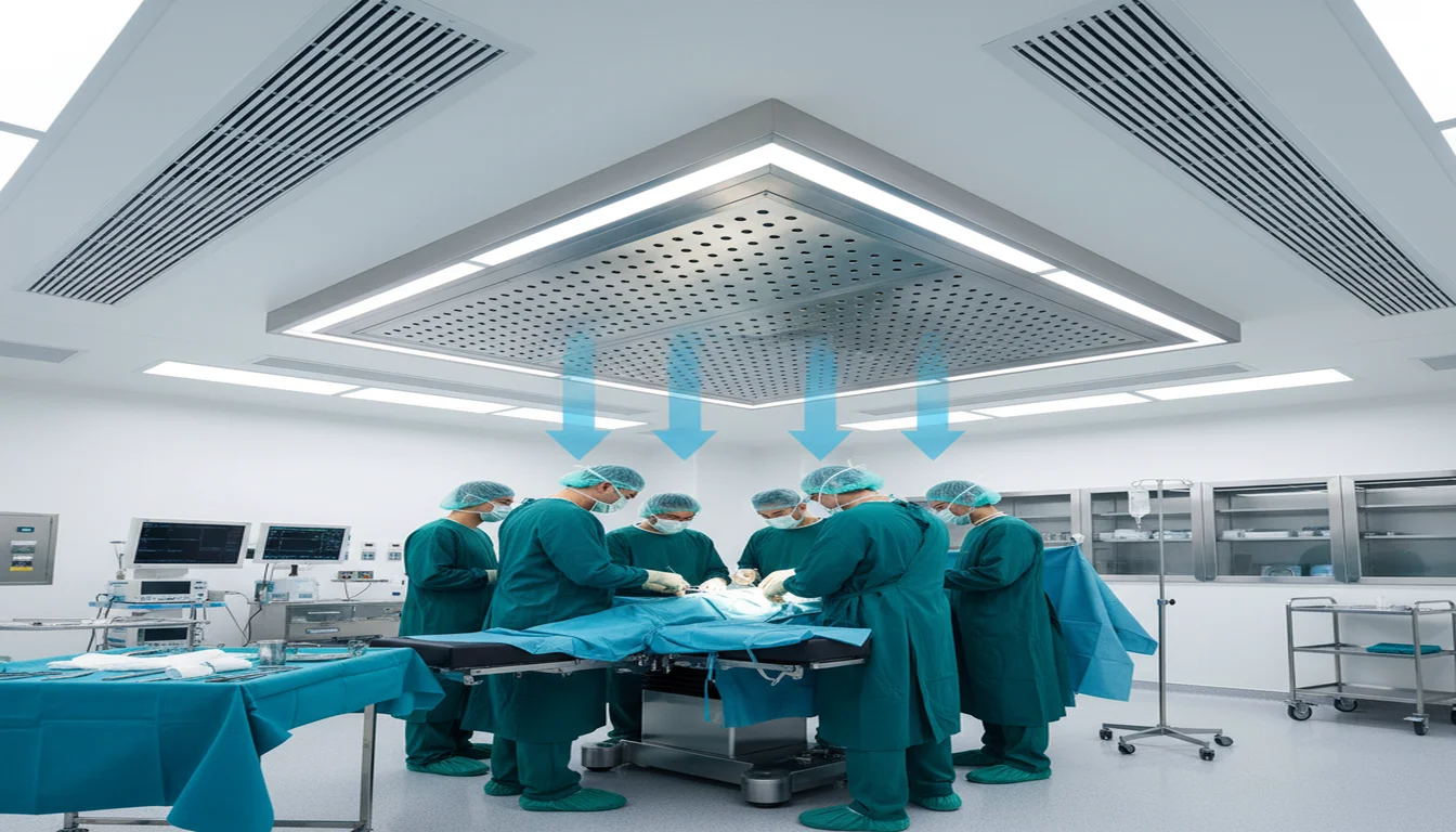 Hospital operating room with laminar flow ceiling unit showing unidirectional clean air ventilation