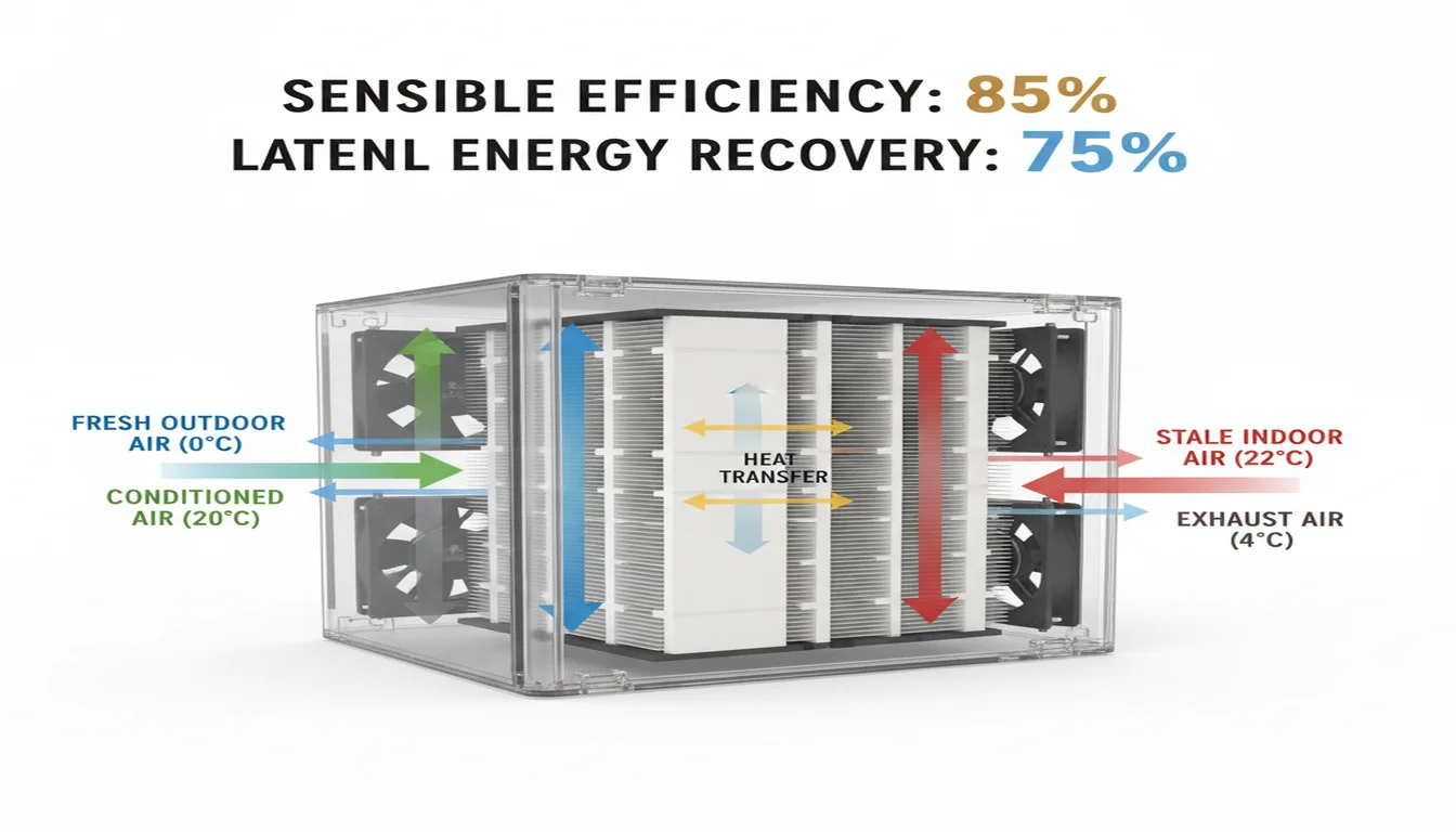 Energy recovery ventilator HRV ERV cutaway showing heat exchange between supply and exhaust airstreams