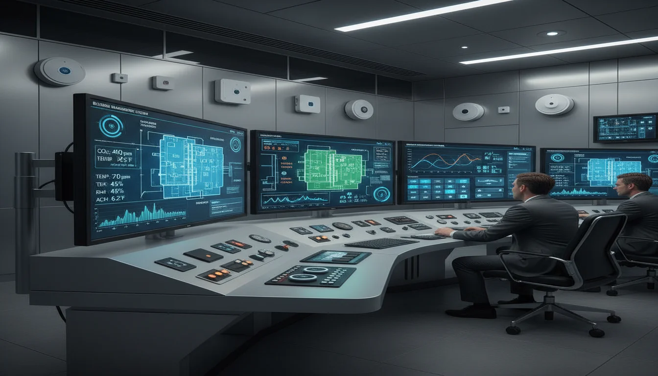Smart building HVAC control room with real-time air quality dashboards and IoT sensors monitoring ACH