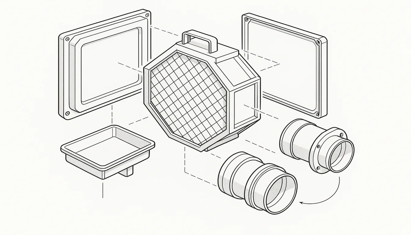 Exploded view of HRV plastic components including housing panels and core frame
