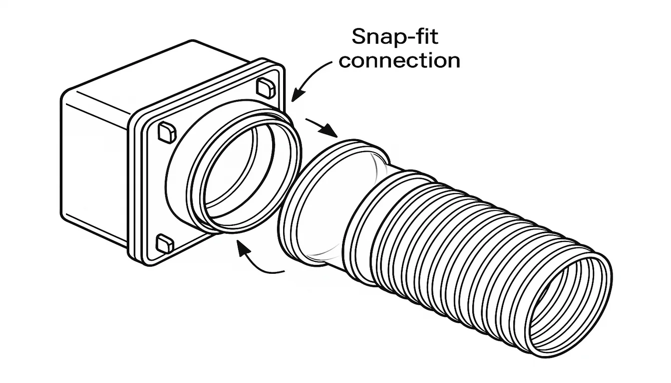 HRV plastic seal and flexible hose assembly with snap-fit connections