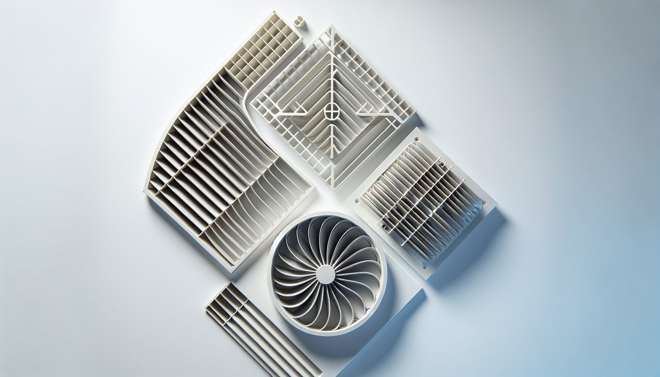 Injection molded plastic HVAC air vent components showing ABS and PP materials