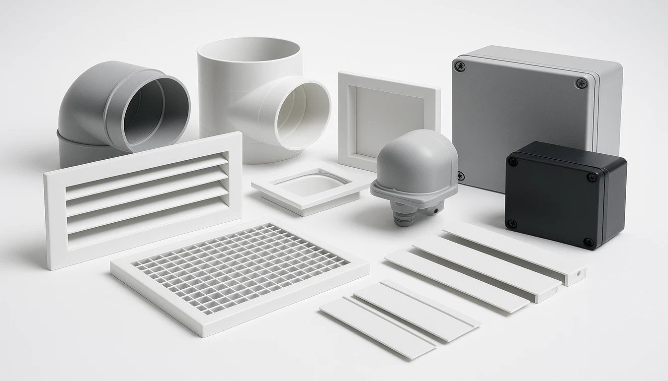 Custom HVAC plastic components overview including grilles, duct fittings, filter frames and sensor housings
