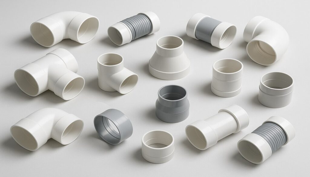 Plastic HVAC duct fittings — elbows, tees, reducers, and flexible connectors